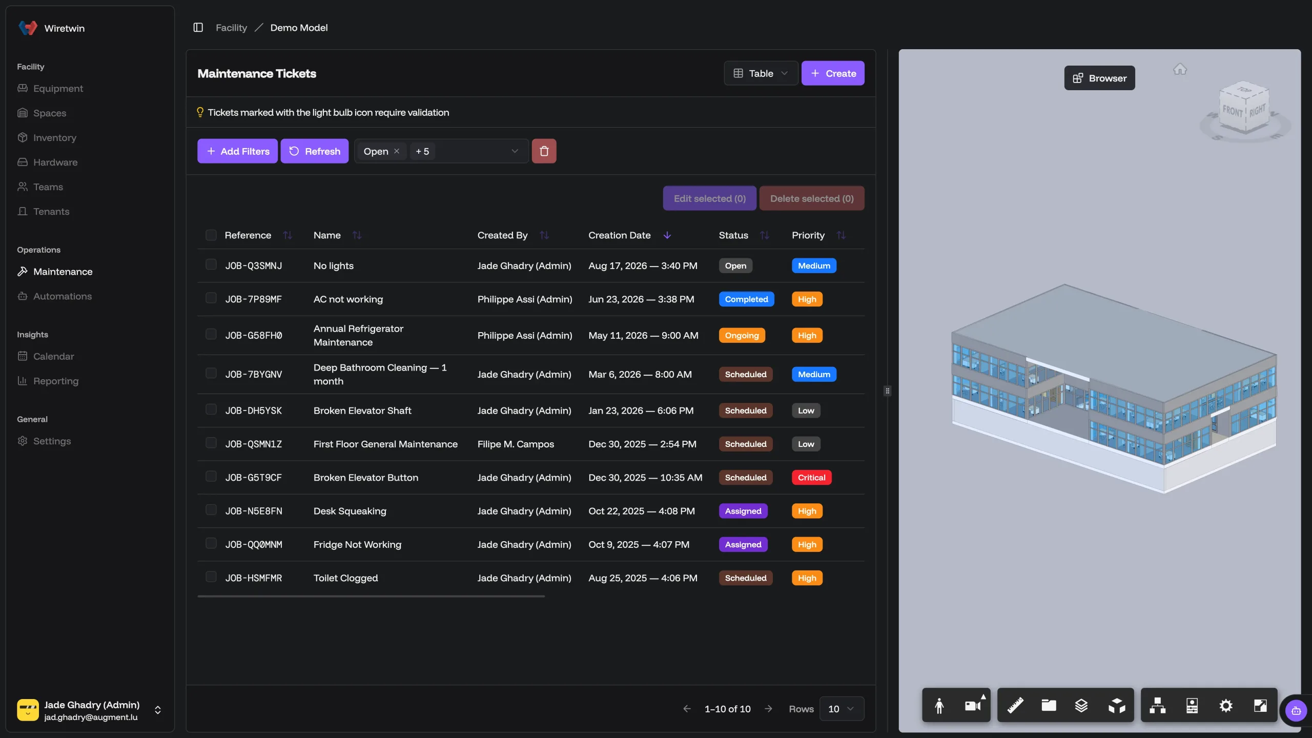 The Wiretwin platform, showing a building’s equipment, spaces and live sensor readings